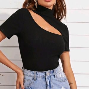 New black high neck cutout shoulder rib knit Top